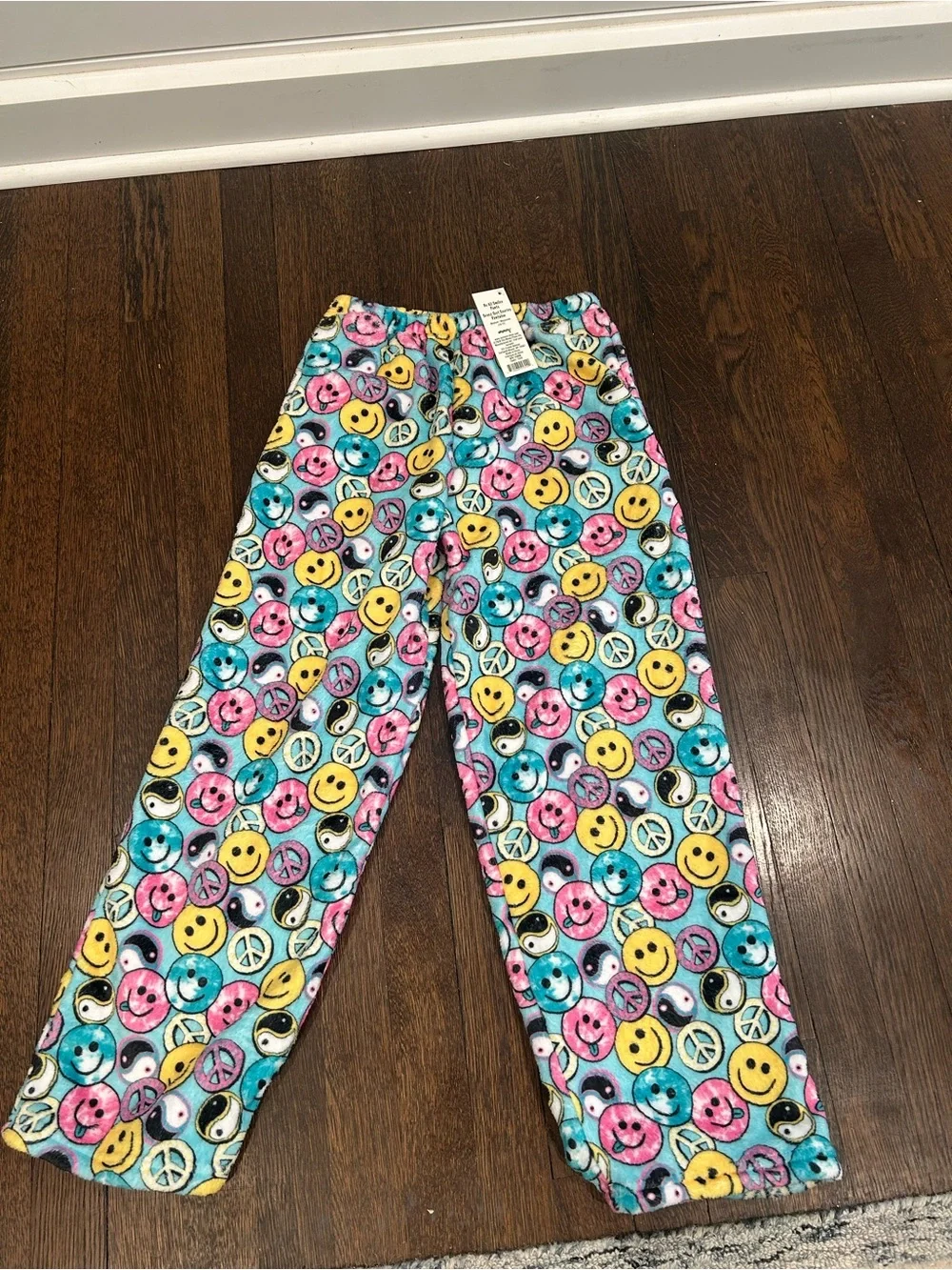 NWT Kids Iscream Plush Pajama Pants Smiley & Peace Print - Pink/Blue/Yellow Sz M